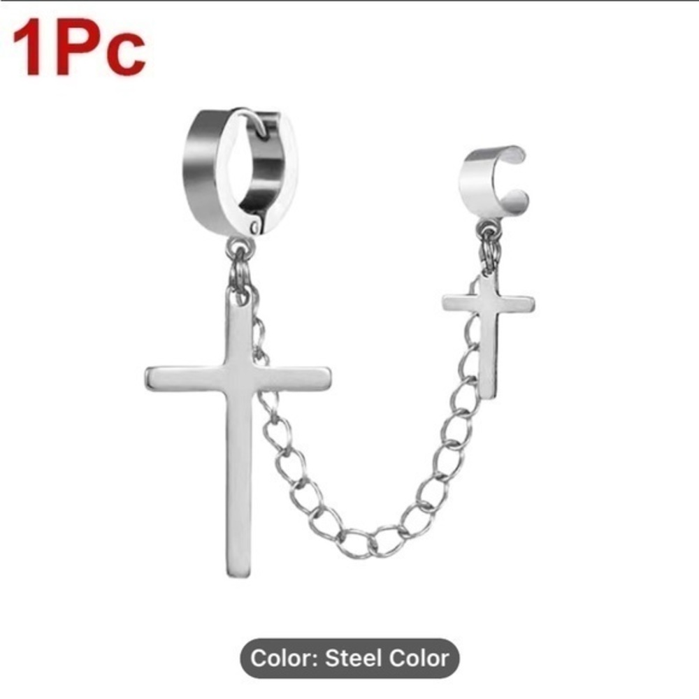 NEW - Women’s 1Pc Punk Cross Tassel Earrings with Clip Stud (44mm & 30mm Gothic)